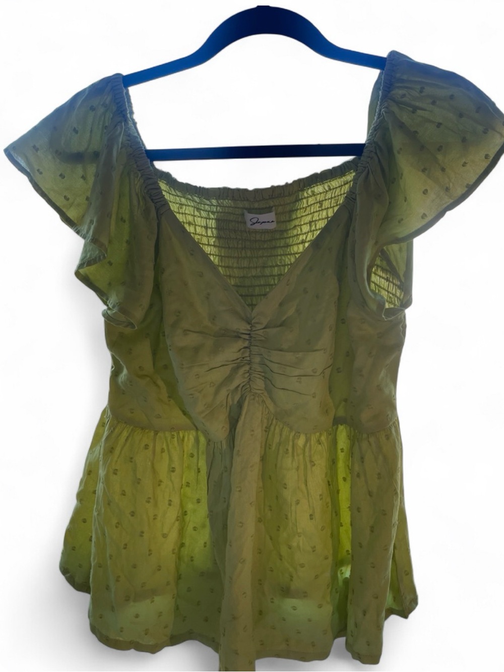 Lettuce Green Ruffled Peplum Smocked  Fairy Top Y2K Babydoll  Polka Dot Texture